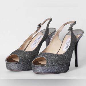 NEW Jimmy Choo Nova Anthracite Silver Slingback Peep Toe Heel Pumps Size 35